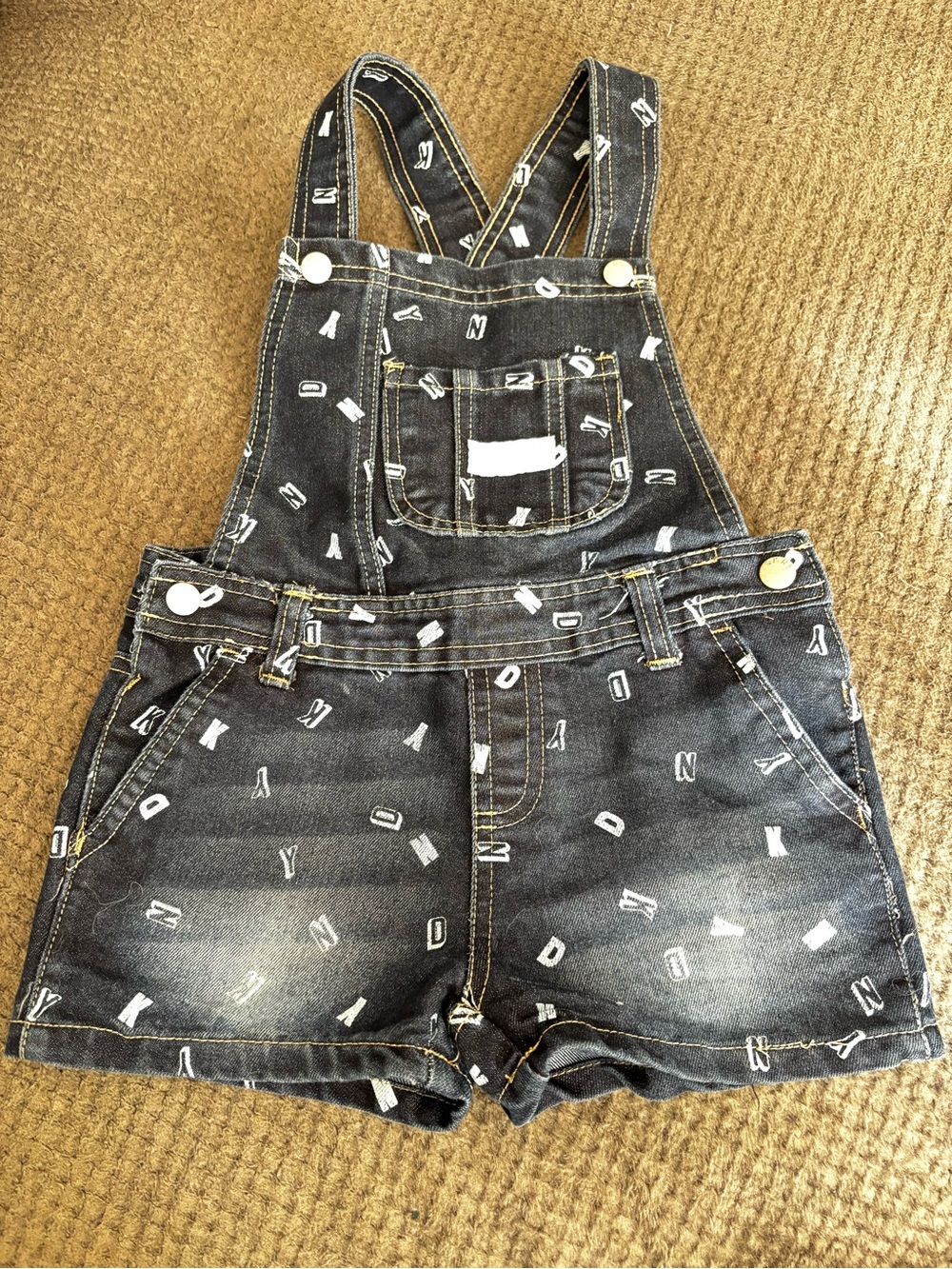 DKNY Denim Overall Shorts with Letter Print - dark blue- girls size 6